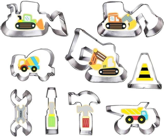 Construction Cookie Cutter Set-3 Inches-9 Piece- Excavator Digger Bulldozer Dump Truck Hammer Wrench Construction Tools Cutters Molds for Kids Construction Themed Party