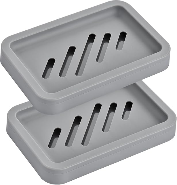 2PCS Mcyye Grey Soap Holders, Premium Plastic Bamboo Dish, Self Draining Soap Dishes Saver for Shower, Bar Soap, Bathroom, Kitchen Sink, Bath tub, Sponge, Easy Clean, Extend Soap Life