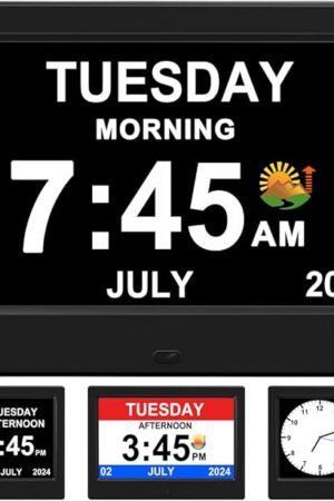 Alarm Clock with Day and Date for Elderly Digital Calendar Clock Photo Frame- Auto Dimmable Display 15 Alarm Options (7inch Black)
