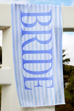 xo, Fetti Bride Blue Stripe Beach Towel - 100% Cotton | Bachelorette Decorations, Coastal Bridal Shower Gift, Poolside Bride to Be, Bridesmaid Gift, Beach Bach Supplies