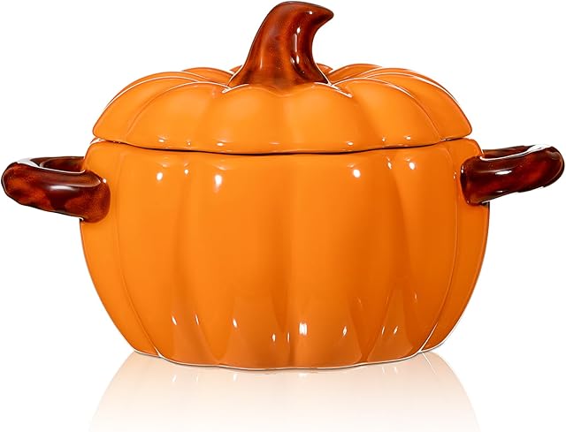 Uiifan 54 oz Ceramic Pumpkin Pot Soup Bowl Baking Bowls Pumpkin Casserole Dish with Lid Double Ear Cookware for Cooking Bakeware Home Halloween Thanksgiving, Oven Safe Orange