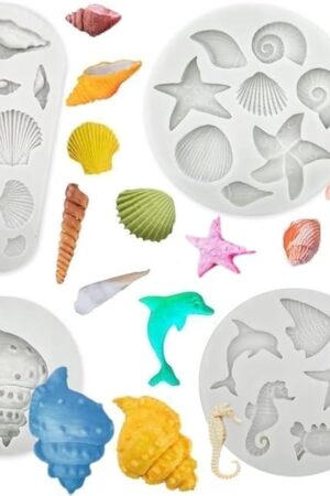 4 PCS Marine Theme Cake Fondant Silicone Mold Seashell Conch Starfish Baking Molds for DIY Cake Decoration Chocolate Candy Polymer Clay Crafting Projects
