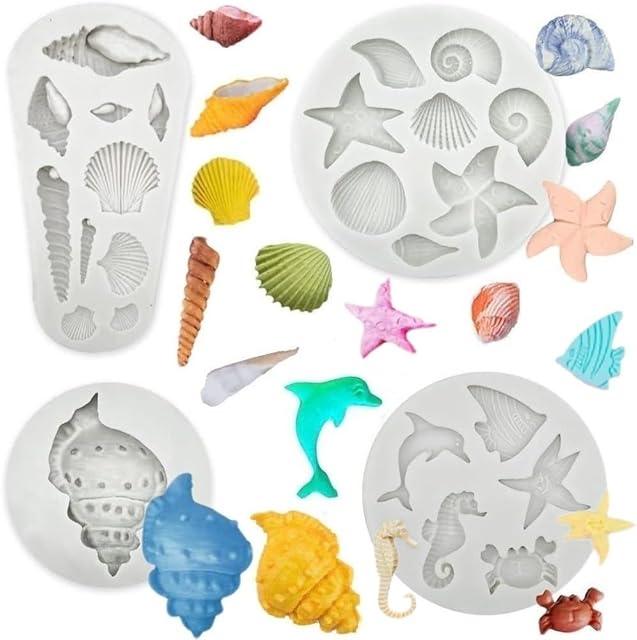 4 PCS Marine Theme Cake Fondant Silicone Mold Seashell Conch Starfish Baking Molds for DIY Cake Decoration Chocolate Candy Polymer Clay Crafting Projects