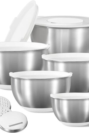 CAROTE Stainless Steel Mixing Bowls with Lids Set,12 Pcs Nesting Bowls Clear Airtight Lids 3 Grater Attachments,Non-Slip Bottoms & Measurement Marks Mixing Bowls,Size 5,3,2,1.5,1QT