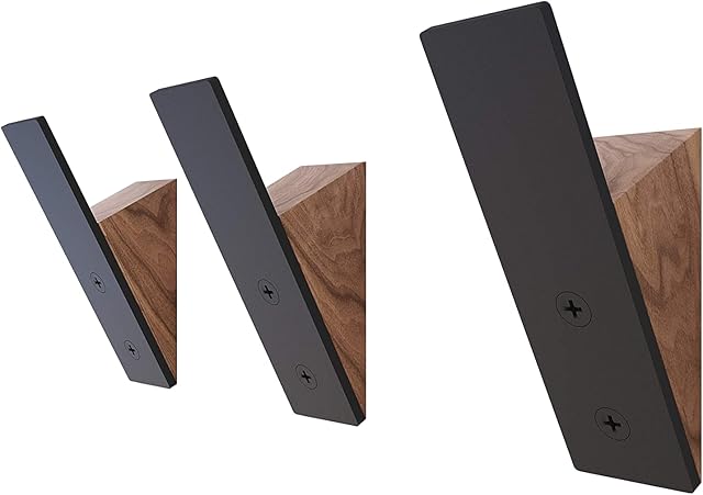 Black Walnut Wood Wall Coat Hook Rack Set of 3, Black Metal Hat Hangers for Wall