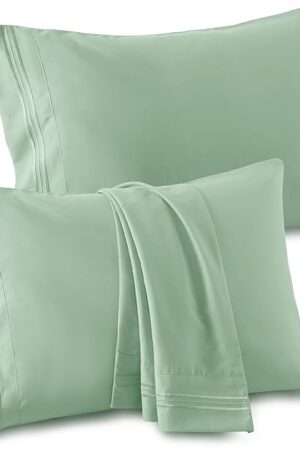 Vonty 2 Pack Standard Pillow Cases - 20x26 Inch, 1800 Thread Count Microfiber Pillowcases Standard Size Sage Green Pillow Cases Luxury & Soft Embroidered Bed Pillow Covers with Envelope Closure