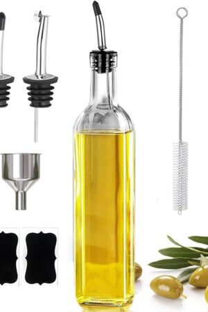 17oz Olive Oil Dispenser Bottle, 500ml Oil & Vinegar Cruet with 2 Stainless Steel Pourers, 2 Labels,1 Brush and 1 Funnel for Kitchen