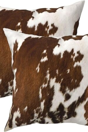 Western Cow Print Throw Pillows Cover Set of 2 Brown Faux Fur Cowhide Decorative Pillow Covers 18x18 Inch Farmhouse Animal Print Square Pillowcase for Outdoor Couch Sofa Bed Room Decor