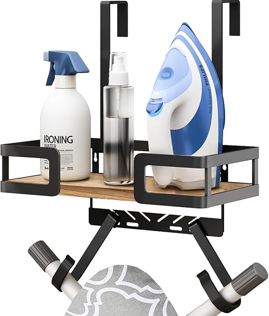 Over The Door Ironing Board Holder, Cabinet, Wall Hanger, Sewing Organization, Black, T&V Shaped Space Saving Iron Holder Wall Mount for laundry Room Decor and Accessories, Organization and Storage