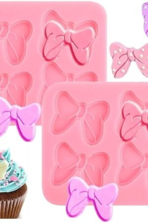 Bow Silicone Mold,2 Pcs 4 Hole Bow Chocolate Mold,Bows Fondant Molds Sugar Candy Cake Pop Mouse Bow Cartoon Butterfly Tie Craft Molds for DIY Birthday Party Cake Decorating
