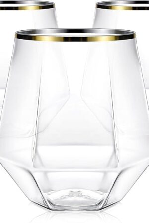 40 Pcak Plastic Stemless Wine cocktail Whiskey Champagne Glasses, 12 Oz Gold Rim Disposable Clear Unbreakable Cups for Party Bars Wedding Tasting (Diamond-shaped)