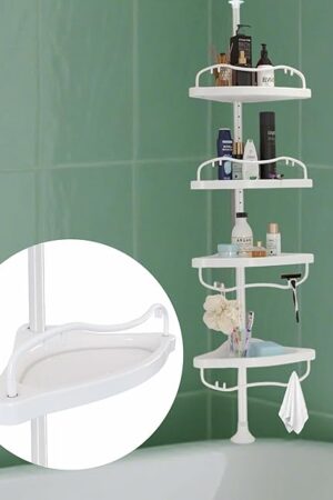 Corner Shower Caddy with Tension Pole, Rustproof ABS Shower Shelves with 56-125 Inch Steel Poles, Drill Free Shower Organizer, 4 Layer Adjustable Shelves, Silver
