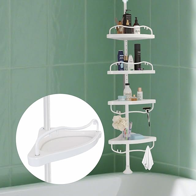 Corner Shower Caddy with Tension Pole, Rustproof ABS Shower Shelves with 56-125 Inch Steel Poles, Drill Free Shower Organizer, 4 Layer Adjustable Shelves, Silver