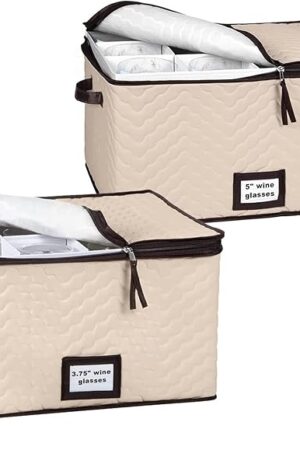 Wine Glass Storage Boxes with Dividers - Pack of 2 Sizes - Each Holds 12 Glasses - Quilted Microfiber Case with Handles - Protects Stemware & Fine China - Ideal to Store Red & White Wine Glasses