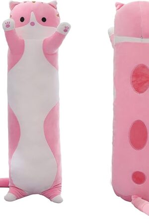 Cute Cat Plush Long Body Pillow – Soft Cartoon Stuffed Animal Doll, Kawaii Cat Plushie Cuddle Toy Gift for Kids, Girls & Girlfriend (Pink, 19.7 Inch)