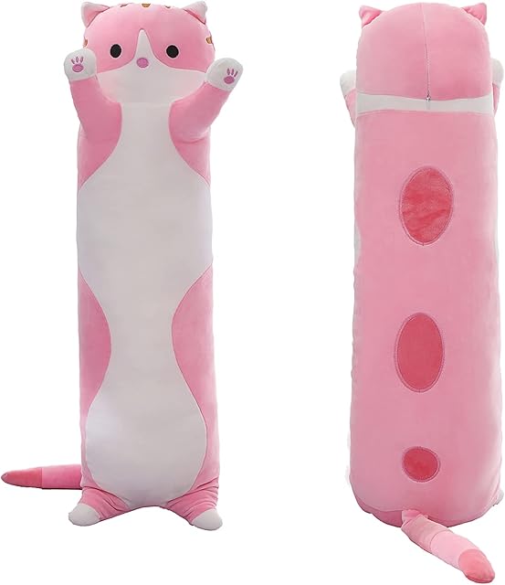 Cute Cat Plush Long Body Pillow – Soft Cartoon Stuffed Animal Doll, Kawaii Cat Plushie Cuddle Toy Gift for Kids, Girls & Girlfriend (Pink, 19.7 Inch)
