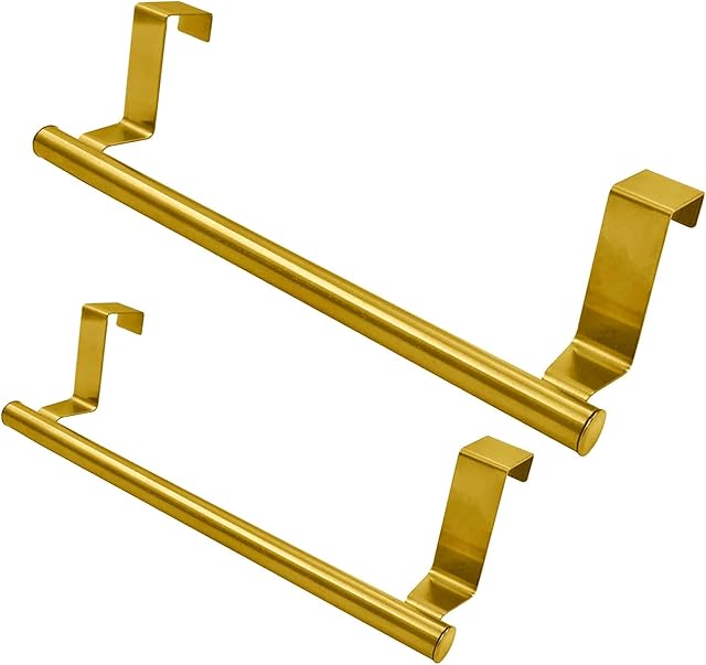 2 Pack 9 Inch Towel Holder, Gold Bathroom Towel Bar Stainless Steel Hand Towel Rack, Over Cabinet Door Towel Bar for Kitchen Bathroom