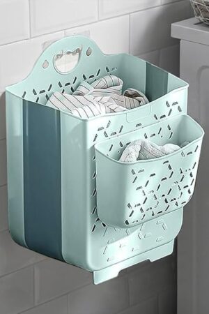 2PCS Hanging Laundry Baskets with Carry Handle, Foldable Plastic Laundry Hamper, Wall Hanging Storage Basket, Dirty Clothes Storage Bin Multi-function Storage Container, Set of 2 (Blue,Small)