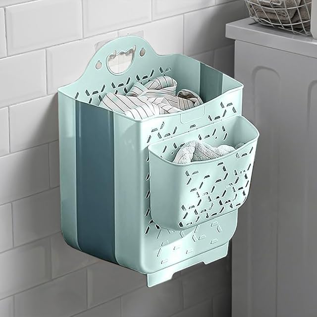 2PCS Hanging Laundry Baskets with Carry Handle, Foldable Plastic Laundry Hamper, Wall Hanging Storage Basket, Dirty Clothes Storage Bin Multi-function Storage Container, Set of 2 (Blue,Small)