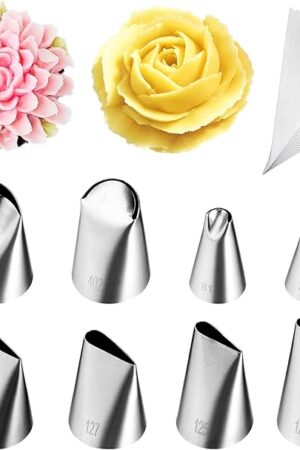 8 Pcs Rose Flower Piping Tips Set,Petal Icing Tips with 10 Pcs Disposable Piping Bags for Cake Decorating