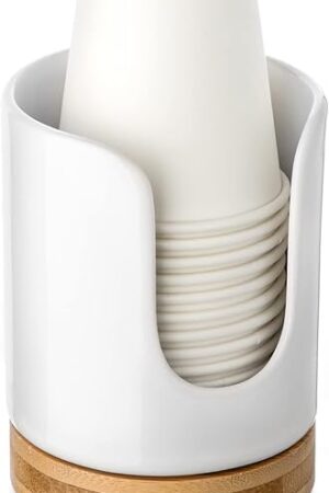 Ceramic Bathroom Cups Dispenser - 3 oz Disposable Paper & Plastic Bathroom Cups Holder - Mouthwash Cups Dispenser for Bathroom, Guest Toiletries, Countertop - BPA Free, Kids Safe(White)