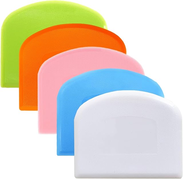 Dough Cutter Bench Scraper for Baking, 5 PCs BPA Free PE Plastic Flexible Bowl Scraper, Food-safe Plastic Dough Scraper for Bread Cake Dough Fondant Icing (White, Green, Orange, Blue, Pink)