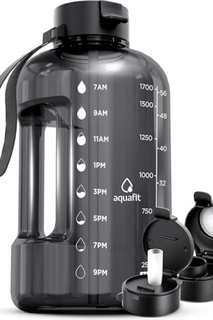 AQUAFIT 64 oz Water Bottle with Time Marker, Straw & Chug Lid | BPA Free | with Handle | Gray | Half Gallon | Gym Water Bottle