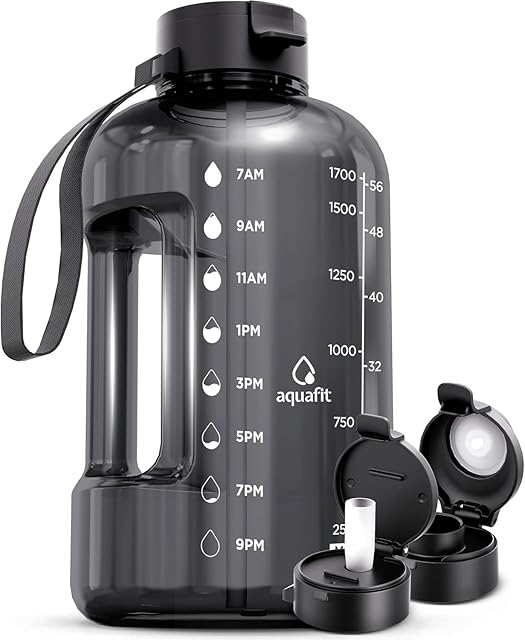 AQUAFIT 64 oz Water Bottle with Time Marker, Straw & Chug Lid | BPA Free | with Handle | Gray | Half Gallon | Gym Water Bottle