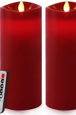 7? x 3? Flameless Candles, Flickering Moving Flame LED Candles, Battery Operated Candles with Remote and Timers, Burgundy, Set of 2