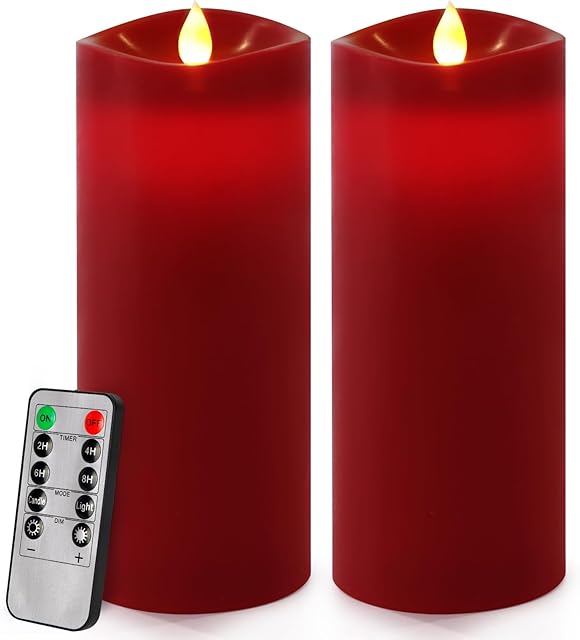 7? x 3? Flameless Candles, Flickering Moving Flame LED Candles, Battery Operated Candles with Remote and Timers, Burgundy, Set of 2