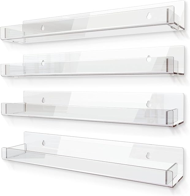4 Pack 15 Inch Clear Acrylic Shelves, Clear Kids Floating Bookshelf for Kids Room, Modern Nail Polish Rack Sunglasses Essential Oil Picture Ledge Display Toy Storage Wall Shelf