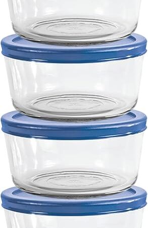Anchor Hocking 2 Cup Glass Storage Containers with Lids, Set of 4 Glass Food Storage Containers with Blueberry SnugFit Lids