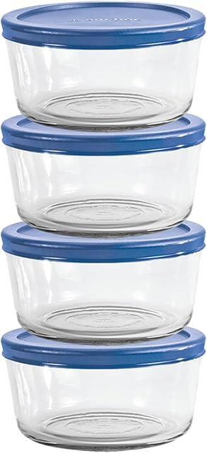 Anchor Hocking 2 Cup Glass Storage Containers with Lids, Set of 4 Glass Food Storage Containers with Blueberry SnugFit Lids