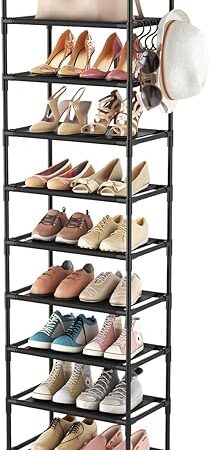 10 Tiers Tall Shoe Rack 20-25 Pairs Boots Organizer Storage Sturdy Narrow Shoe Shelf for Entryway, Closets with Hooks, Black