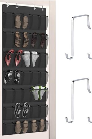 Aisoso Over the Door Shoe Organizer with 35 Large Breathable Mesh Pockets and 4 Metal Hooks Space Saving Hanging Storage Holder for Men's and Women's Shoes, Accessories, Black