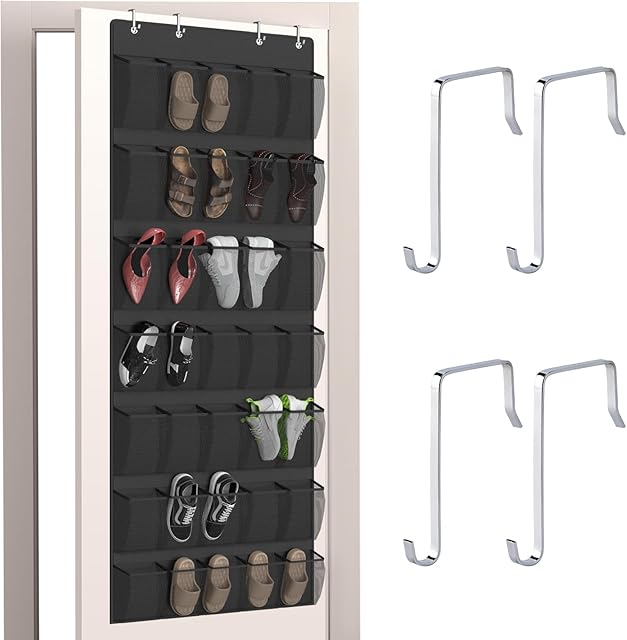 Aisoso Over the Door Shoe Organizer with 35 Large Breathable Mesh Pockets and 4 Metal Hooks Space Saving Hanging Storage Holder for Men's and Women's Shoes, Accessories, Black