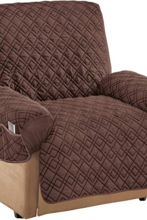 Collections Etc Diamond-Shape Quilted Stretch Recliner Cover with Storage Pockets and Elastic Straps - Furniture Protector, Chocolate, Recliner