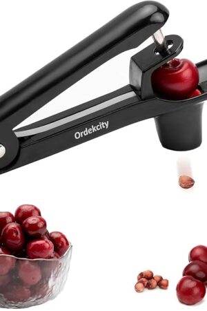 Cherry Pitter - Ordekcity Stainless Steel Cherries Corer Pitter Tool with Hand-held Push Design, Save Time & Space for Making Cherry Jam with Lock Design(Black)