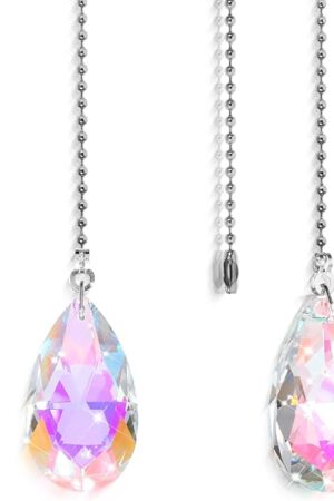 2Pcs Rainbow Ceiling Fan Pull Chains, 2" Glass Water Drop Pendants with 20" Ceiling Fan Pull Chain Extender and Connector, Crystal Fan Pull Decorative for Bathroom Toilet Light Ceiling