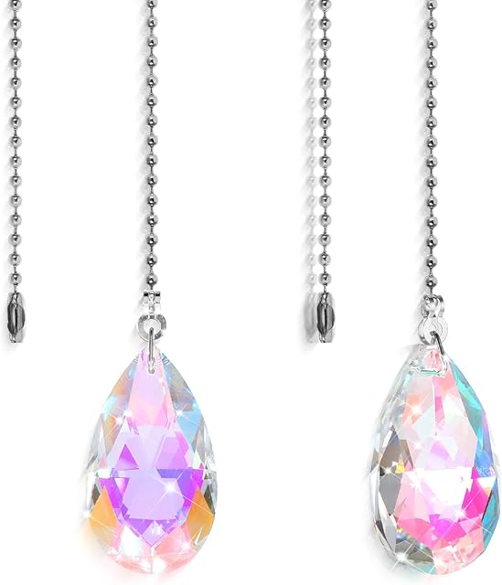 2Pcs Rainbow Ceiling Fan Pull Chains, 2" Glass Water Drop Pendants with 20" Ceiling Fan Pull Chain Extender and Connector, Crystal Fan Pull Decorative for Bathroom Toilet Light Ceiling