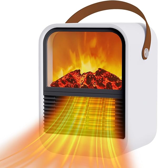 Portable Mini Electric Fireplace Heater,Small Room Space Heaters for Indoor Use with 3D Flames,PTC Ceramic Heater, Desk Space Heater for Bedroom,Bathroom and Office Quiet Small(White)