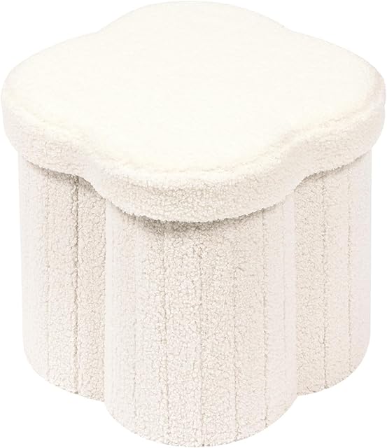 B FSOBEIIALEO Storage Ottoman Cube, Flowers Shaped Ottomans with Storage Foot Stool Footrest for Lving Room, Boucle Ottoman Seat for Dorm Room,Faux Teddy Fur, Cream White 12.6"x12.6"x12.6"
