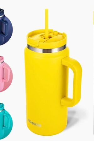64 Oz Tumbler with Handle and Straw Half Gallon Water Bottle Stainless Steel Travel Mug for Hot & Cold Drinks, Reusable Water Bottle with Lids and Straw - Yellow