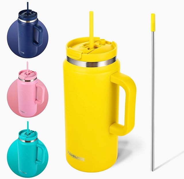 64 Oz Tumbler with Handle and Straw Half Gallon Water Bottle Stainless Steel Travel Mug for Hot & Cold Drinks, Reusable Water Bottle with Lids and Straw - Yellow