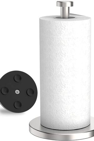 VEHHE Paper Towel Holder Countertop, Stainless Steel Paper Towel Holder Stand with Weighted Base Suction Cups, Standing Paper Towel Roll Holder for Kitchen Bathroom (Silver)