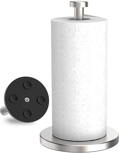 VEHHE Paper Towel Holder Countertop, Stainless Steel Paper Towel Holder Stand with Weighted Base Suction Cups, Standing Paper Towel Roll Holder for Kitchen Bathroom (Silver)