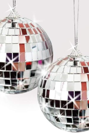 ArtCreativity 4 Inch Mirror Disco Ball, Set of 2, Silver Disco Balls with Hanging String for Parties, Birthdays, & Weddings, 90’s Disco Party Decorations & Supplies, Ceiling Décor Disco Accessories