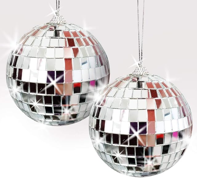 ArtCreativity 4 Inch Mirror Disco Ball, Set of 2, Silver Disco Balls with Hanging String for Parties, Birthdays, & Weddings, 90’s Disco Party Decorations & Supplies, Ceiling Décor Disco Accessories