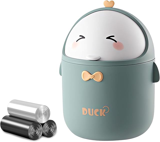 Cute Desktop Trash Can Wastebasket with 90 Trash Bags, Creative Mini Countertop Garbage Can with Lid, Small Plastic Storage Bin for Home Kitchen Dressing Office Kids Bedroom(Green)