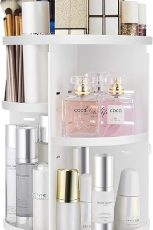 360 Rotating Makeup Organizer,DIY Adjustable Spinning Holder,Foldable Cosmetic Storage Display box,Large Capacity Make up Caddy Shelf,Fits Countertop Vanity and Bathroom (WHITE)